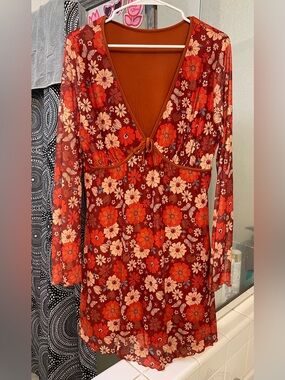 SHEIN Burnt Orange Floral V-Neck Long Sleeve Dress with lining